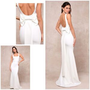 Lulus Loving Fate Dress Women's XL White Maxi Bow Square Neck Backless NWT